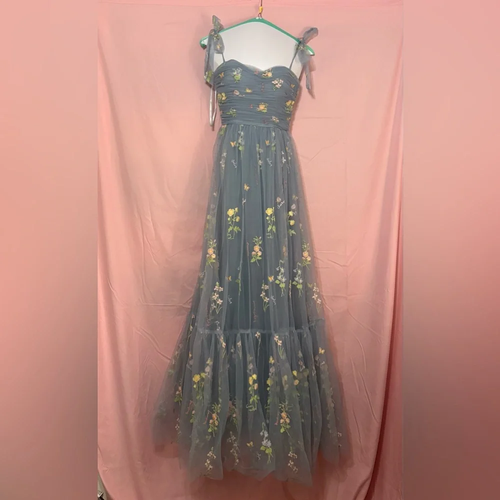 A Line Spaghetti Straps Champagne Prom Dress with Appliques - Picture 2 of 6